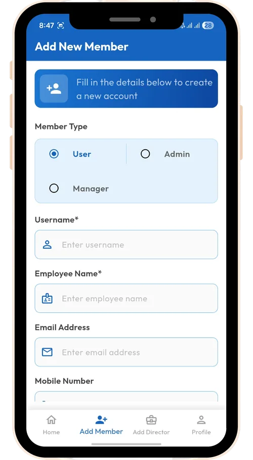 KMS HR console — add new user screen