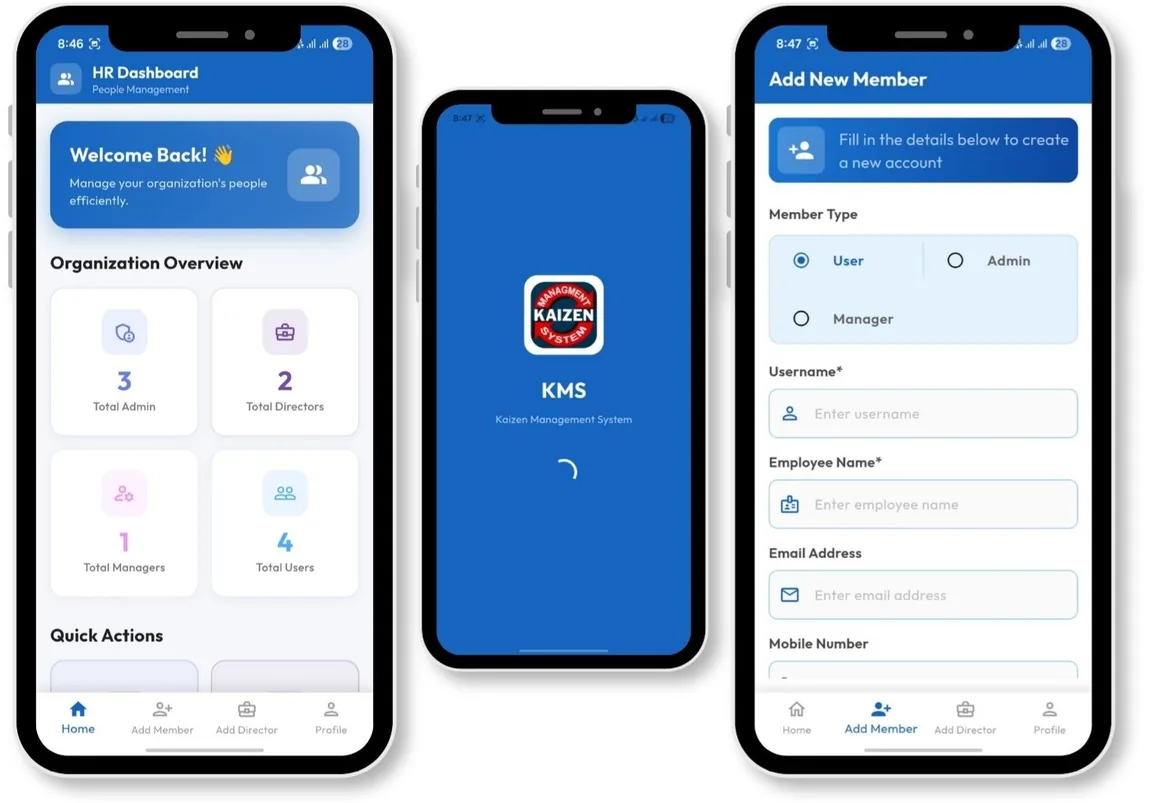 KMS HR console — manage user and admin accounts
