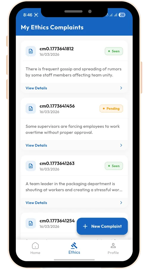 KMS mobile app ethics and compliance screen