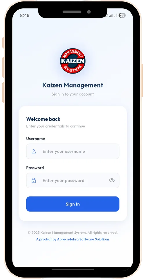 KMS mobile app login screen