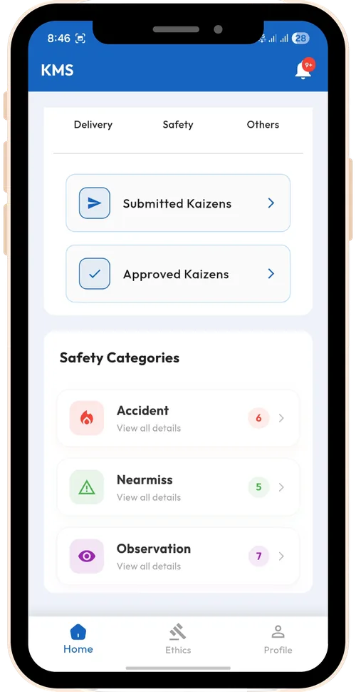 KMS mobile app user dashboard — kaizen history and activity